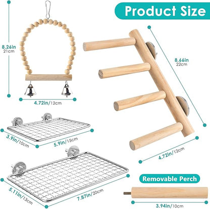 4Pcs Bird Perches Toys, Stainless Steel Perch Platform (2 Sizes), Natural Wood Parrot Climbing Ladder & Swing with Bell, Play Gym Cage Accessories for Budgie Cockatiel Lovebird Canary Conure