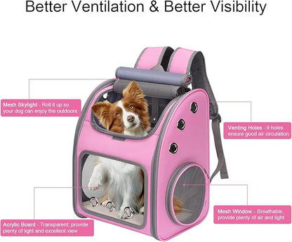 Expandable Pet Carrier Backpack for Cats, Dogs and Small Animals, Portable Pet Travel Carrier, Super Ventilated Design, Airline Approved, Ideal for Traveling/Hiking/Camping, Pink