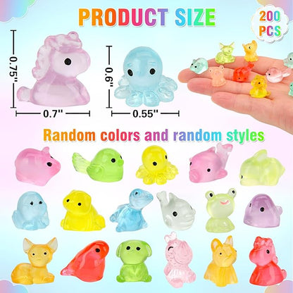 Mini Resin Animals Figures to Hide 200 pcs Tiny Resin Animals Glow in The Dark Variety Pack Bulk for Fish Tank Aquarium Fairy Garden Accessories Decorations