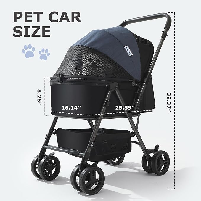 SWITTE Dog Stroller for Small Medium Dogs, Foldable Cat Pet Stroller with Reversible Handlebar, 4 Universal Wheels, Portable Puppy Dog Jogging Stroller with Waterproof Pad, Blue