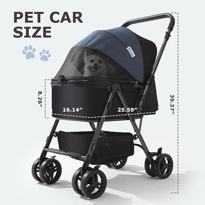 SWITTE Dog Stroller for Small Medium Dogs, Foldable Cat Pet Stroller with Reversible Handlebar, 4 Universal Wheels, Portable Puppy Dog Jogging Stroller with Waterproof Pad, Blue