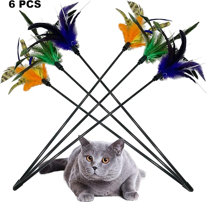 Cat Wand Toy Feather Stick Cat Toys, 6 Pieces Interactive Cat Toy Feathers Wand for Indoor Cats (C)