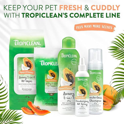 TropiClean No Rinse Waterless Dog Shampoo | Detangling & Deodorizing Dry Shampoo for Smelly Pets | Moisturizes Dry Skin | USA Made | Papaya Scent | 7.4oz