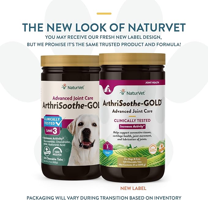 NaturVet  ArthriSoothe-GOLD  Level 3 Advanced Joint Care | Clinically Tested to Support Connective Tissue, Cartilage Health & Joint Movement | Enhanced with Glucosamine, MSM, Chondroitin & Green Lipped Mussel | For Dogs & Cats | 120 Chewable Tablets