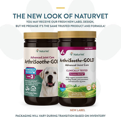 NaturVet  ArthriSoothe-GOLD  Level 3 Advanced Joint Care | Clinically Tested to Support Connective Tissue, Cartilage Health & Joint Movement | Enhanced with Glucosamine, MSM, Chondroitin & Green Lipped Mussel | For Dogs & Cats | 120 Chewable Tablets