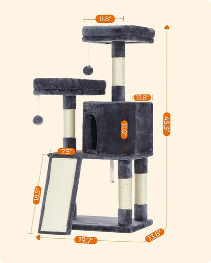 Feandrea Cat Tower, Cat Tree for Indoor Cats, 45.3-Inch Cat Condo with Scratching Post, Ramp, Perch, Spacious Cat Cave, for Kittens, Elderly Cats, Adult Cats, Small Space, Smoky Gray UPCT141G01