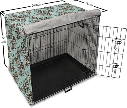 Ambesonne Art Nouveau Dog Crate Cover, Vintage Swirls Vibrant Foliage Damask Style Classic Renaissance, Easy to Use Pet Kennel Cover for Cats & Medium Dogs, 24 Inch, Seal Brown and Pale Blue