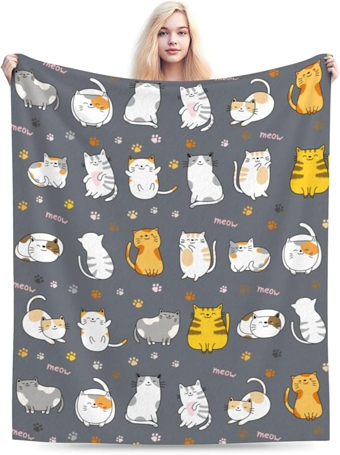 Cat Pattern Throw Blanket Gifts for Men Women Boy Girl Kid Soft Warm Flannel Fleece Blankest for Bed, Sofa, Couch, Travel, Camping 80x60 Inches