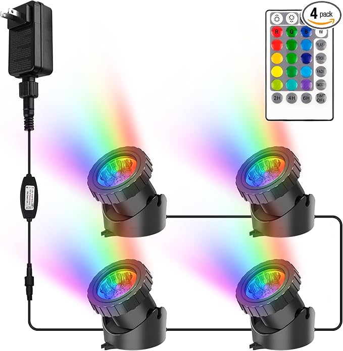 RGB Pond Lights with Timer, LED Underwater Submersible Colorful Landscape Spotlights, 98ft Remote Control IP68 Waterproof Fountain Lights for Fish Aquarium Tank Garden Yard Pool (Set of 4)
