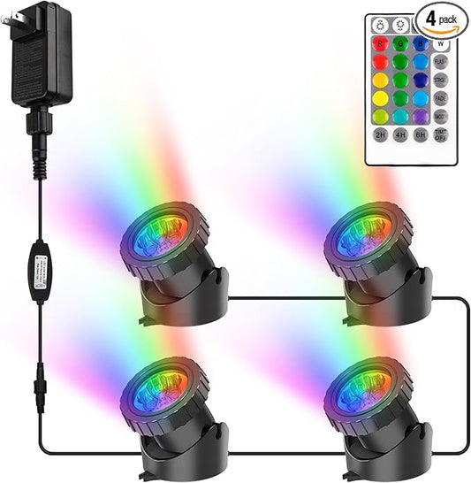 RGB Pond Lights with Timer, LED Underwater Submersible Colorful Landscape Spotlights, 98ft Remote Control IP68 Waterproof Fountain Lights for Fish Aquarium Tank Garden Yard Pool (Set of 4)
