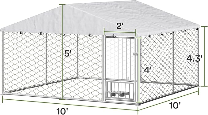 10x10 ft Dog Kennel Outdoor - Outside Dog Kennel with Roof, Heavy Duty Large Outdoor Dog Kennel, Covered Dog Outdoor Kennel with Rotating Feeder Bowls