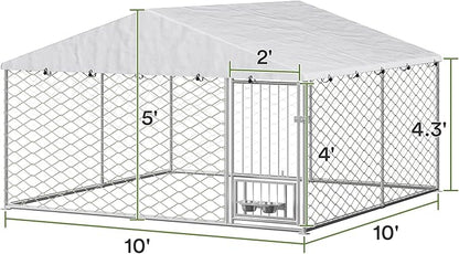 10x10 ft Dog Kennel Outdoor - Outside Dog Kennel with Roof, Heavy Duty Large Outdoor Dog Kennel, Covered Dog Outdoor Kennel with Rotating Feeder Bowls