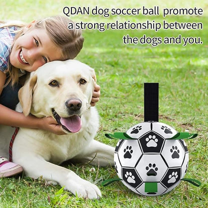 QDAN Dog Toys Soccer Ball with Straps, World Cup Interactive Dog Toys for Tug of War, Puppy Birthday Gifts, Dog Tug Toy, Dog Water Toy, Durable Dog Balls for Medium Large Dogs（8 Inch）