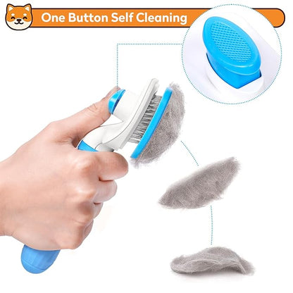 Dog & Cat Brush, Self Cleaning Slicker Brush for Pets, Upgraded Dog Brush for Shedding Massaging and Grooming, Removes Loose Undercoat & Portable Comb for Long Short Haired Dogs(Blue)