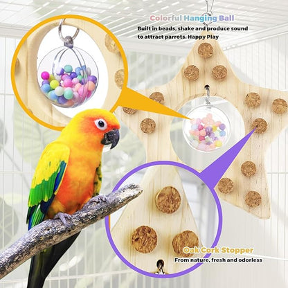 2 Pcs Bird Chew Toy Wooden Foraging Toys, Hanging Wooden Puzzle Foraging,Parrot Cork Stopper Toys Birds Feeding Toy,2 Pcs Bird Cage Food Holder Fruit, for Small and Medium Parrots(A)