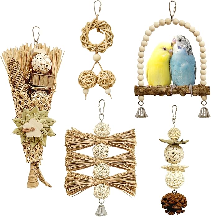 5-Pack Natural Flower Bird Toys – Foraging & Chewing Toys for Parakeets, Cockatiels, Conures & Small Birds – No Plastic, All-Natural Materials
