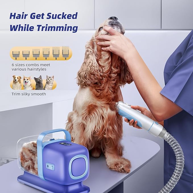Dog Grooming Kit with Pet Grooming Vacuum, Dog Clipper, Pet Grooming Shedding Brush, Cleaning Tool in 1, Low Noise Dog Vacuum for Dogs Cats (Blue)