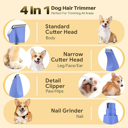 Small Dog Grooming Kit, 4 in 1 Electric Cordless Dog Paw Trimmer with Nail Grinder, Low Noise Dogs Nail Trimmers, IPX7 Waterproof Small Dogs Grooming Clippers for Paws, Ears, Face, Hip Hairl