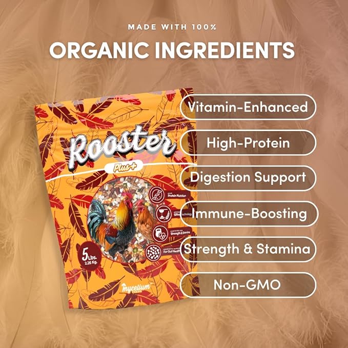 Mycelium Organic Rooster Plus Feed (5 LB Bag) | High-Protein Chicken Feed with Vitamin Support for Strength, Stamina & Gut Health | Natural Poultry Grain Blend with Fish Meal | Non-GMO, Made in USA