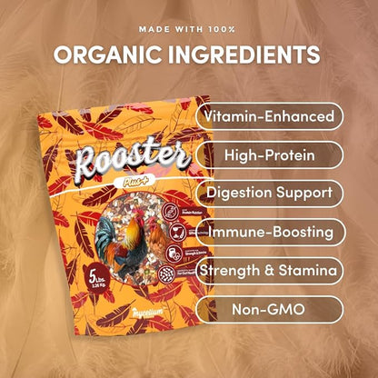 Mycelium Organic Rooster Plus Feed (5 LB Bag) | High-Protein Chicken Feed with Vitamin Support for Strength, Stamina & Gut Health | Natural Poultry Grain Blend with Fish Meal | Non-GMO, Made in USA