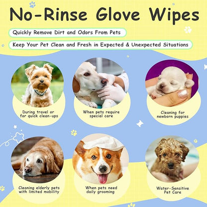 Hypoallergenic Cleaning Deodorizing Bath Wipes Gloves for Dogs Cats Gentle No-Rinse Nourishes Fur for Daily Use Travel Puppy Silver-ions