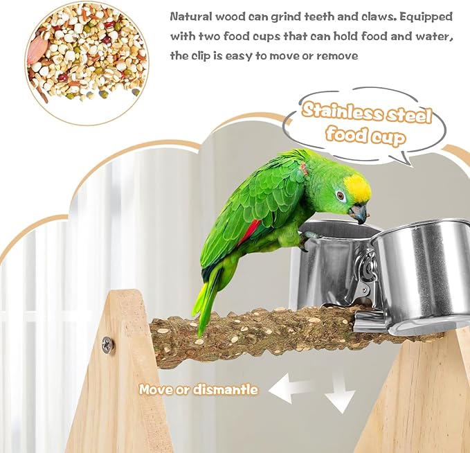 Parrot Play Wood Stand, Bird Perch Stand with Feeder Cups, Bird Grinding Perch Stands for Small Cockatiels, Conures, Parakeets, Finch