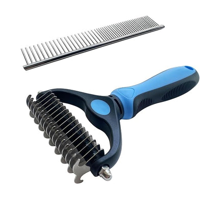 Deshedding Dog Brush And Metal Comb, Cat Brush Dog Brush Undercoat Rake for Dogs & Cats, Pet Grooming Brush For Shedding, Dematting, Pet Hair Removal Tool For Long Haired Dogs, Blue