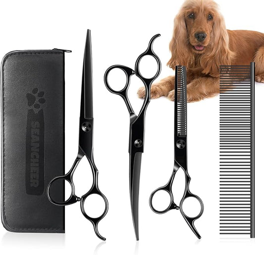 5 In 1 Dog Grooming Scissors Kit, 7" Long Professional 4CR Pet Grooming Kit Heavy Duty Stainless Sharp And Durable Dog Clippers for Grooming Shears Suitable for Cats, Dogs & Other Pets