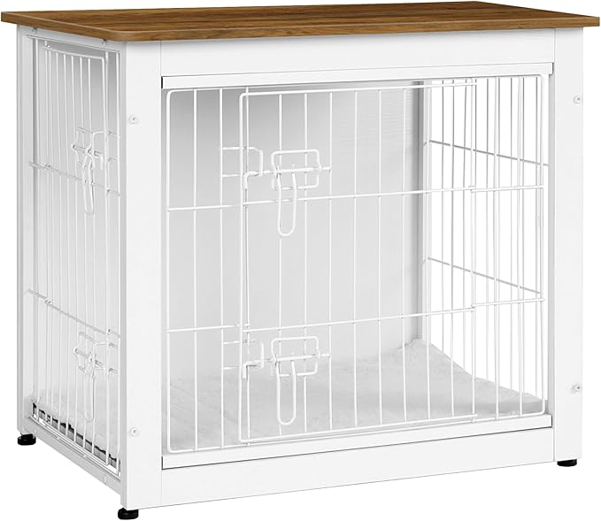 DWANTON Dog Crate Furniture with Cushion, Wooden Dog Crate with Double Doors, Dog Furniture, Dog Kennel Indoor for Small Dogï¼_nd Table, 27.2" L, White+Warm Brown