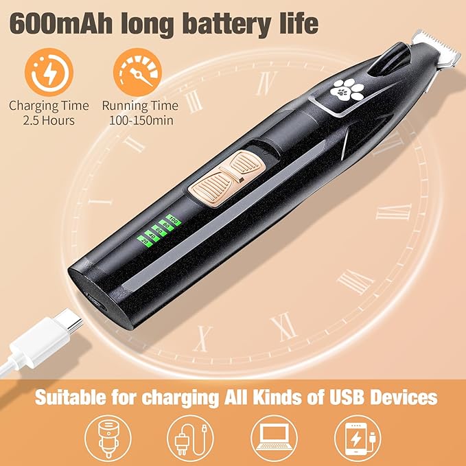 Dog Grooming Kit with LED Display, Low Noise Pet Clippers, Cordless Dog Hair Trimmer for Paws, Ears, Face, Rump with LED Light (Streamer Black)