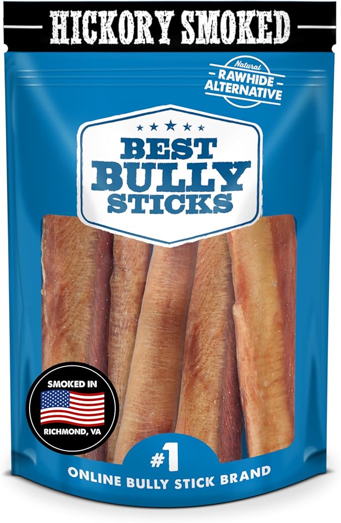Best Bully Sticks Premium Hickory Smoked 100% Natural Thick 6 Inch Bully Sticks for Dogs - Odor Free with Smoky Aroma - No Additives Free-Range Grass-Fed Beef, Grain-Free Dog Chews - 5 Pack