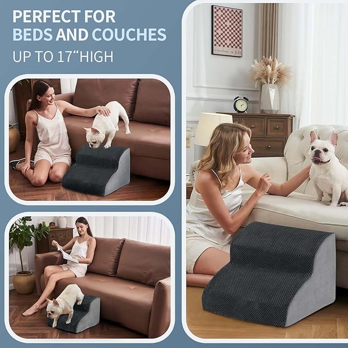 BOMOVA Dog Stairs for Small Dogs, 2-Step Dog Steps for Bed and Couch, High Density Foam Pet Stairs for Small Dogs and Cats, Non-Slip Bottom Dog Ramp, Grey, 2/3/4/5 Steps