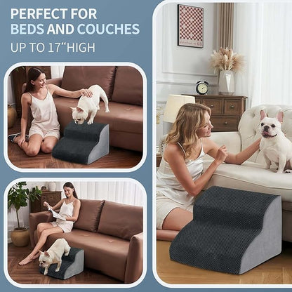BOMOVA Dog Stairs for Small Dogs, 2-Step Dog Steps for Bed and Couch, High Density Foam Pet Stairs for Small Dogs and Cats, Non-Slip Bottom Dog Ramp, Grey, 2/3/4/5 Steps