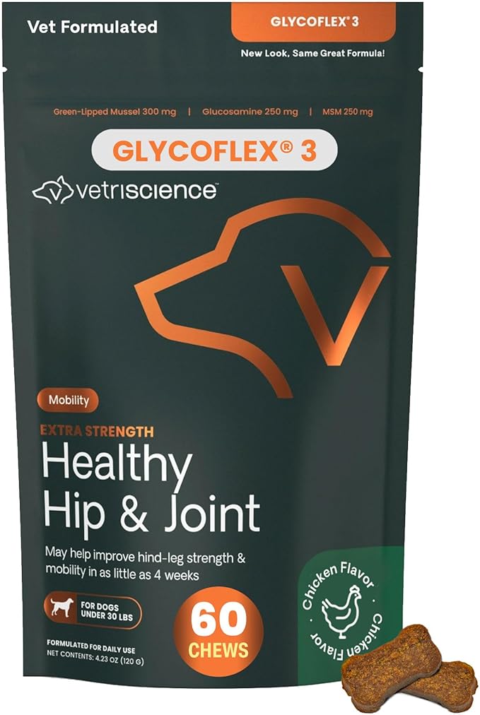 VetriScience Extra Strength Healthy Hip & Joint Chews, GlycoFlex Glucosamine and Green-Lipped Mussel Joint Support Supplement for Small Breed Dogs, Soothe Joint Discomfort, Chicken, 60 Count