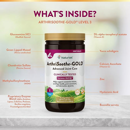 NaturVet  ArthriSoothe-GOLD  Level 3 Advanced Joint Care | Clinically Tested to Support Connective Tissue, Cartilage Health & Joint Movement | Enhanced with Glucosamine, MSM, Chondroitin & Green Lipped Mussel | For Dogs & Cats | 120 Chewable Tablets