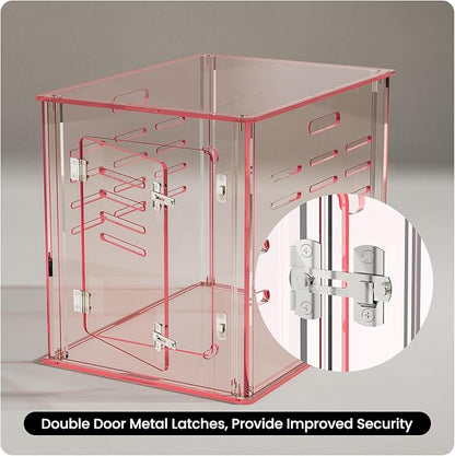 Sumerflos Acrylic Dog Crate Furniture - Clear Pink Dog Kennel End Table for Small Dog Cat Pet, Indoor Lockable End Table Dog Crate Ventilated See-Through, 23.6" L x 17.7" W x 20.0" H