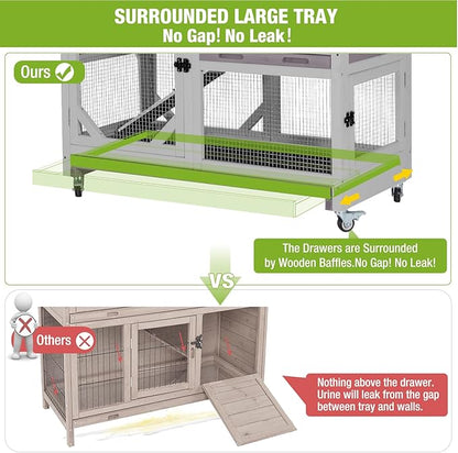 GUTINNEEN Rabbit Hutch Indoor Rabbit Cage with Wheels Outdoor Bunny House 2 Story Guinea Pig Cage with Leakproof Tarp Roof (Grey)