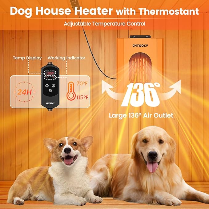 500W Dog House Heater w Thermostat, Adjustable Temp & 24H Timer Button, Outdoor Doghouse Heater for Pet Kennel, 9.8 FT Cord, Safe Animal Heated Winter for Pet Dog Cat Chicken Coop Supplies