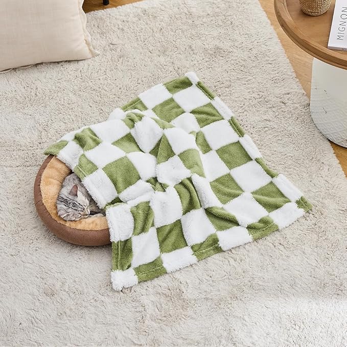 Qeils Jacquard Dog Blankets for Large Dogs, Cozy Calming Cat Blankets Washable, 280GSM Coral Fleece Plush Fluffy Throw Blanket, Sage Green Checkered, 30x40IN