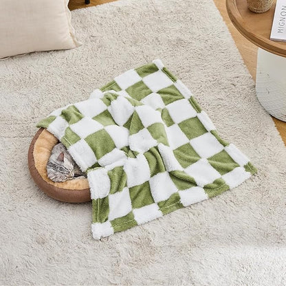 Qeils Jacquard Dog Blankets for Large Dogs, Cozy Calming Cat Blankets Washable, 280GSM Coral Fleece Plush Fluffy Throw Blanket, Sage Green Checkered, 30x40IN