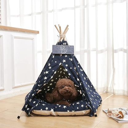 Pet Teepee Tents, 24 Inch Portable Indoor Dog Teepee Bed with Thick Cushion, Washable Navy Blue Stars Pattern Teepee Tent House for Puppy & Cat