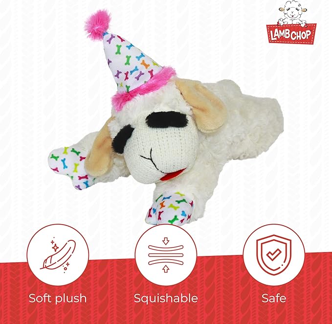 Multipet Lamb Chop Dog Plush Toy w/Birthday Hat - Squeaky Dog Toy for All Dogs - Soft Plush Dog Toy - Stuffed Animal Dog Toy for Playing - Cute Dog Birthday Toy (10.5, Pink Hat, 5 Squeakers)