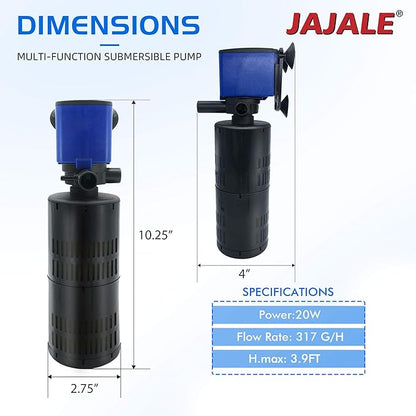 320 GPH Internal Filter Submersible Pump - 3 in 1 Aquarium Fish Tank Pump with Oxygenation, Filtration & Water Cycling, 3.9 ft max lift, 20W - 5 Pack