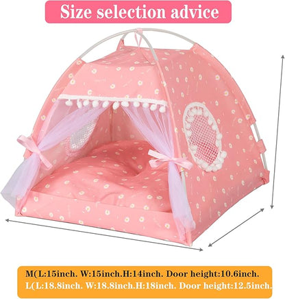 Gigreinc Cat Princess Indoor Tent House Pet Dog Cute Floral Cave Nest Bed Portable Dog Tents (M:38x38x36cm/15x15x14inch, Daisy Pink)