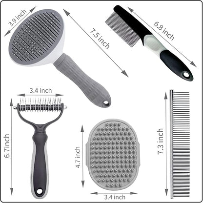 5PCS Grooming Kit for Dog,Puppy- Deshedding & Slicker Brush for Short-Haired Pets, Flea Comb and Grooming Comb Set Grey