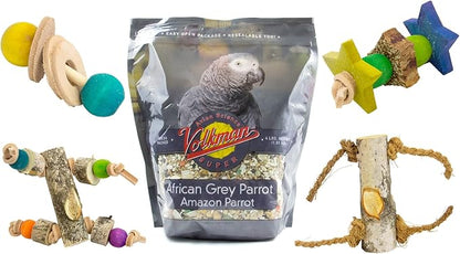 Volkman Avian Science Super African Gray Parrot Food with Foot Toys for Large Birds, Bird Food African Grey Parrot Treats with Foot Roller - 4 Lbs. (1Toy, Toys May Vary)