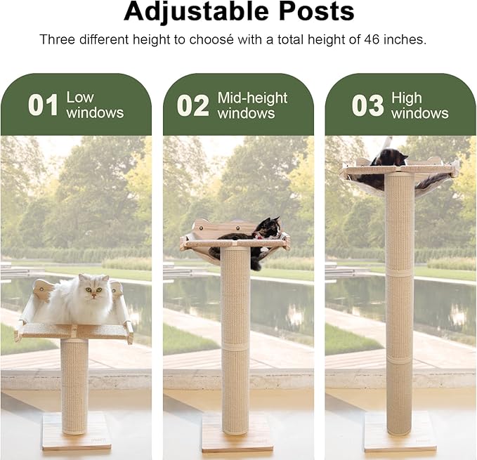 Upgraded Cat Window Perch with Scratching Post, 54.3" Adjustable Cat Tall Scratching Posts & Suction Cup – Multi-Level Perch for Climbing, Bird Watching, and Play, Supports 60 lbs (Drilling-Free)