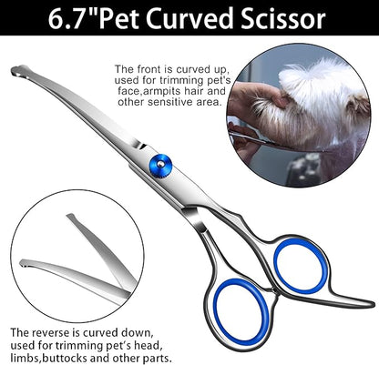 Dog Grooming Scissors with Safety Round Tip,Professional Dog Grooming Kit,Dog Hair Shears Set,Incude Thinning Curved_traight Scissors and Comb. Suitable for The Right Hand