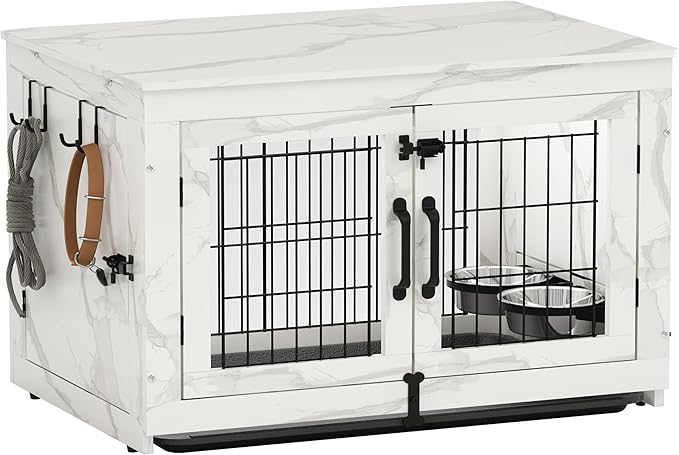 Piskyet Wooden Dog Crate Furniture with 360°Rotatable Removable Dog Bowls, Dog Crate End Table with Tray, Double Doors Dog Kennels for Dogs(M:31.8" L*22.1" W*24.1" H,Marble White)