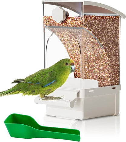 Hamiledyi Automatic Bird Feeder No Mess Bird Cage Feeder Transparent Acrylic Parrot Seed Food Container with Perch Cage Accessories for Parakeet Finch Lovebirds Budgies Canary (White)